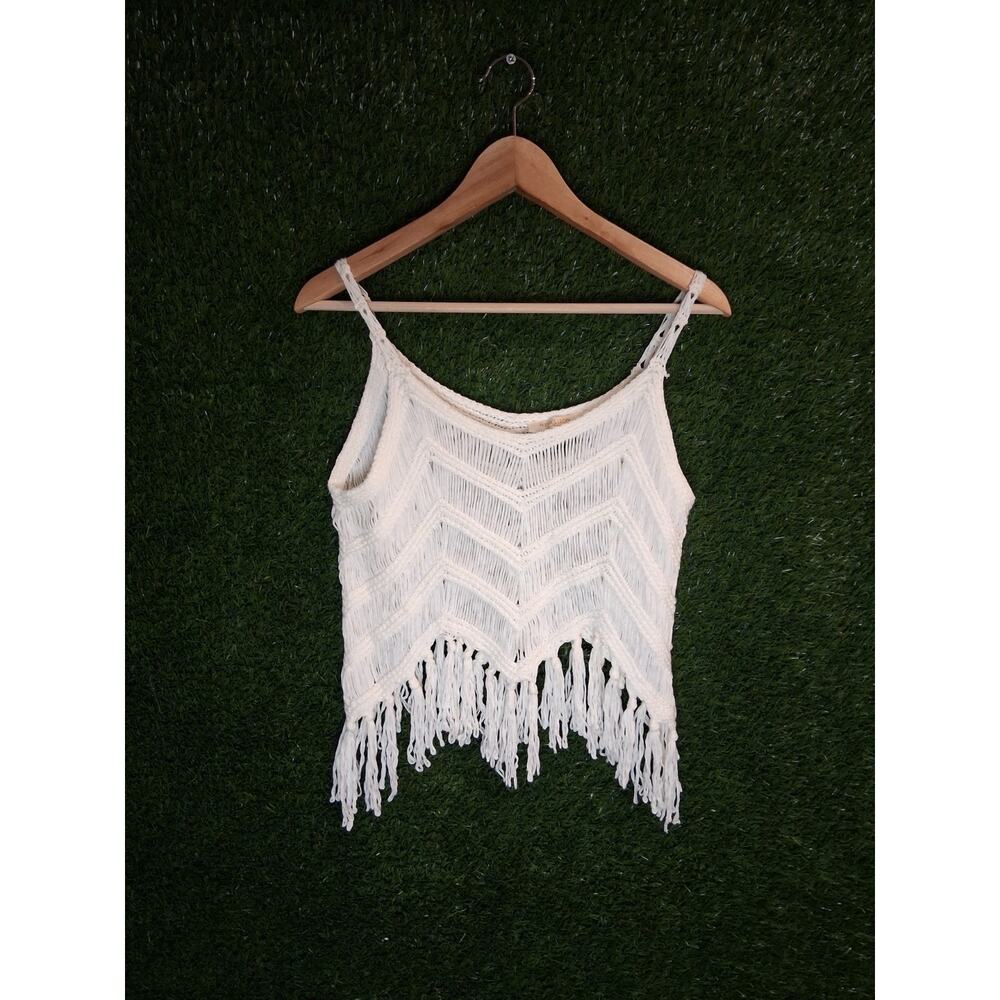 Boho Crochet Fringe Crop Top Chevron Knit Festival Tank Cami Cream Ivory S/M